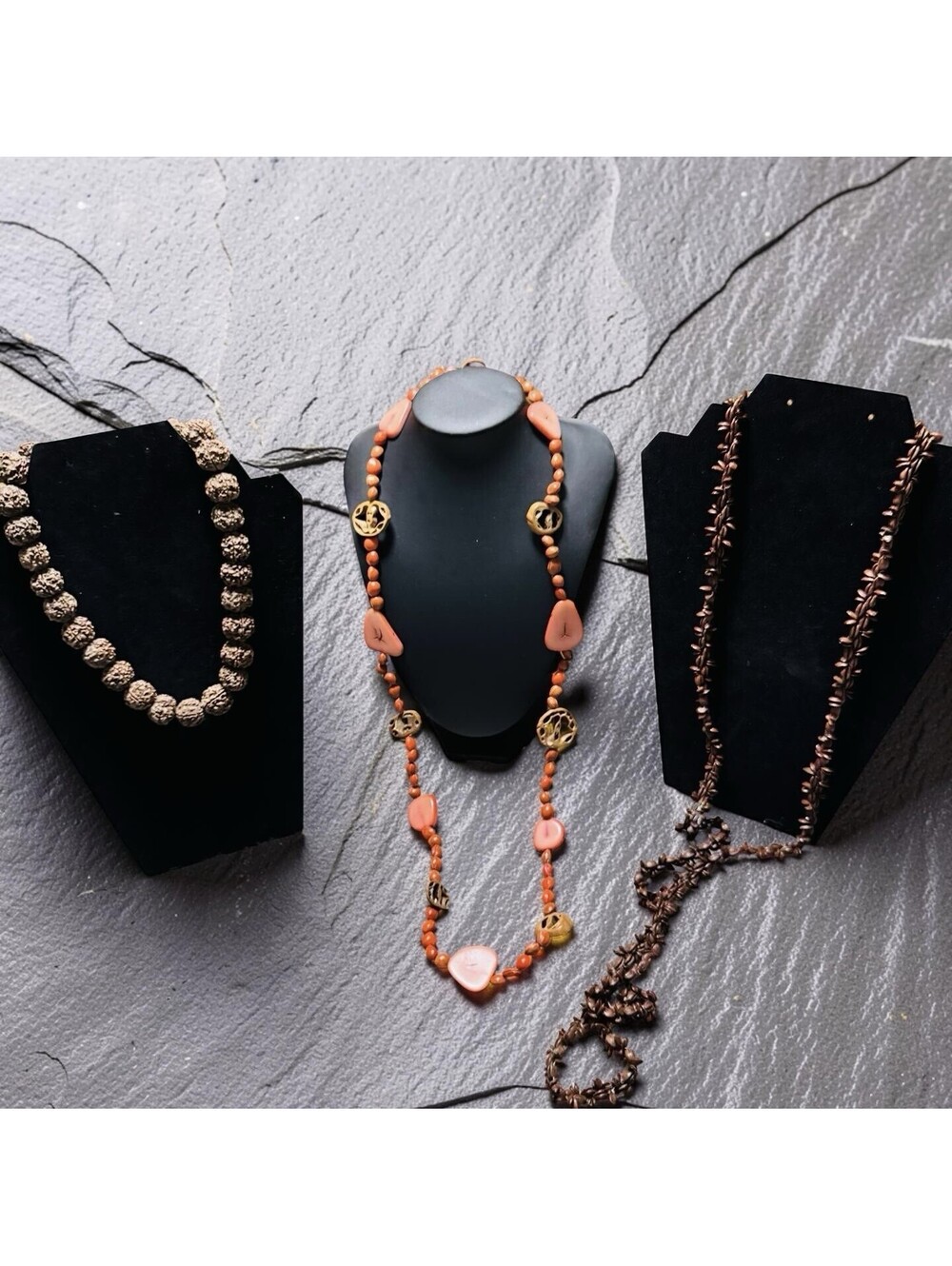 Vintage Organic Necklace Lot (3): Rudraksha Mala, Carved Tagua Nut, Hawaiian Koa